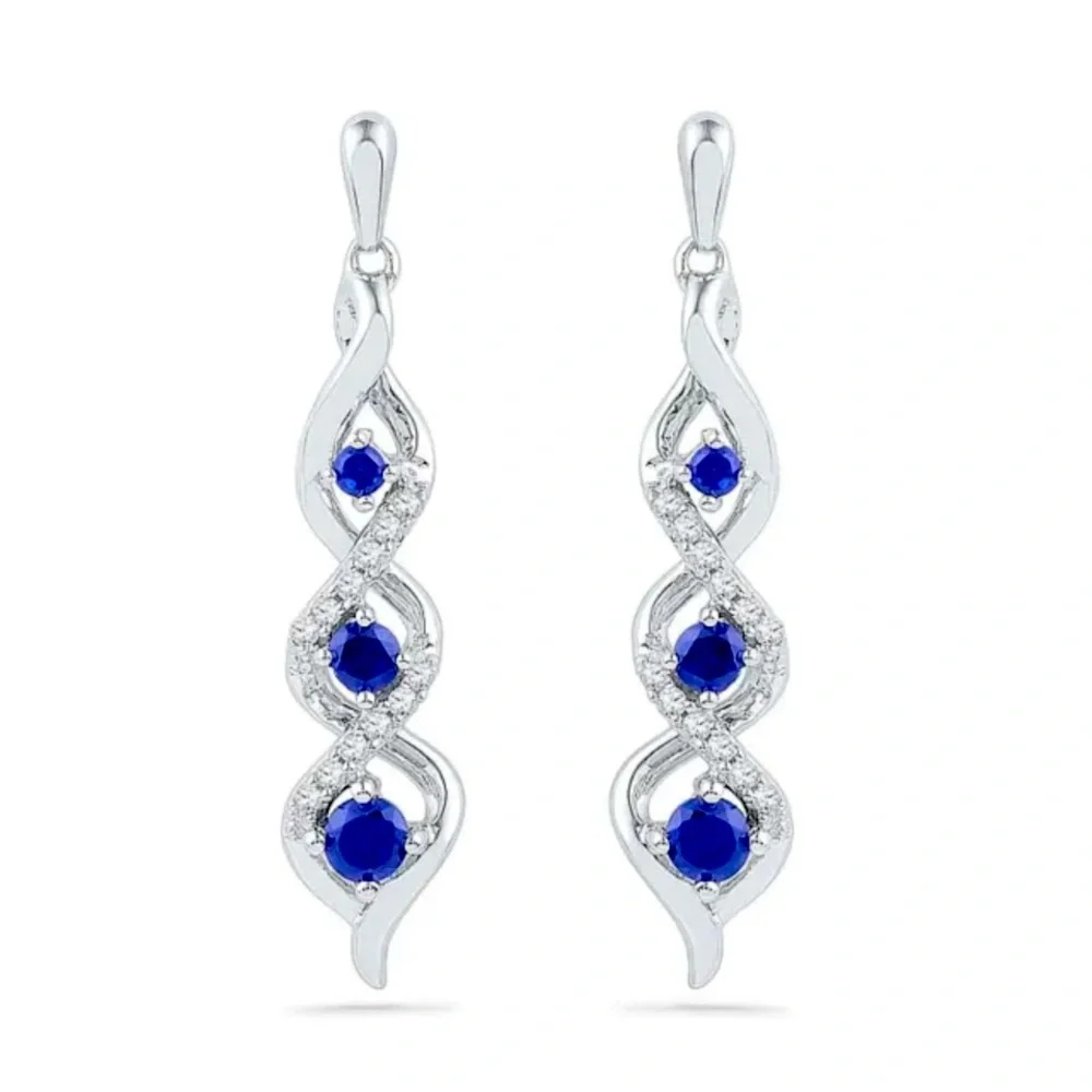 New Beautiful Sterling Silver Blue White Sapphires Drop Earrings